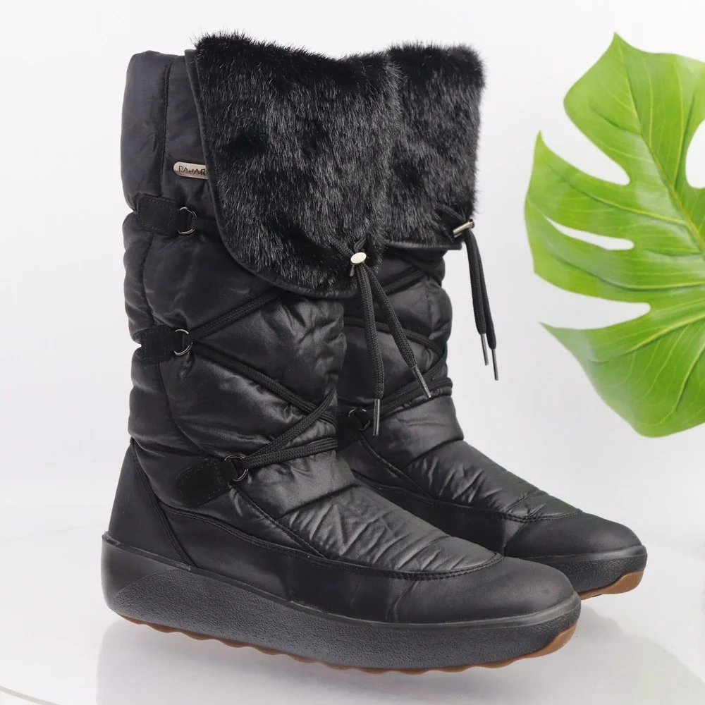 Pajar Womens Snow Boots Size 41 10 Waterproof Black Nylon Furry Pull On Quilted